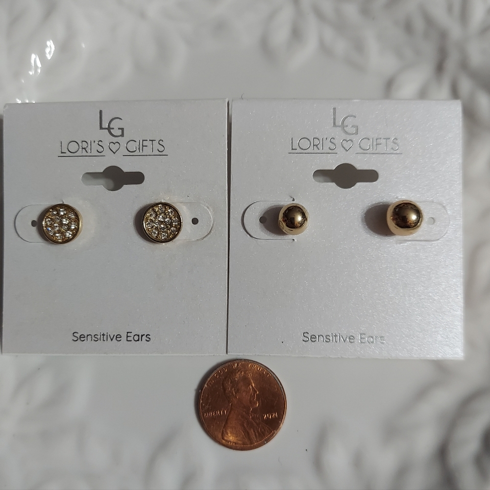 'Lori's Gifts' (LG) Polished Gold Tone/Elegant (Set of 2) Pave' & Ball Earrings
